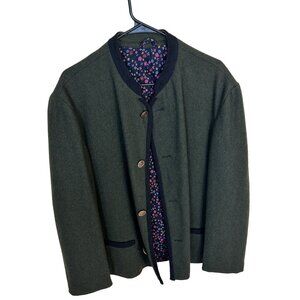 Vintage Wolle Womens Green Wool Cardigan Jacket Floral Lining & Brass Buttons